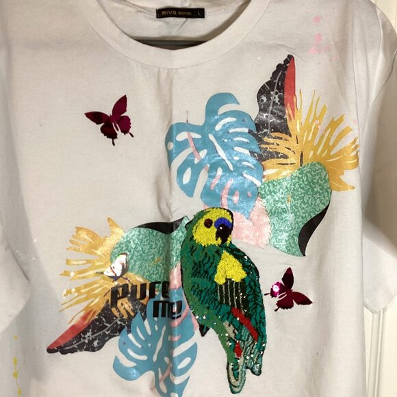 RIVA Women’s White T-Shirt Tee Top Size L With Parrot Tropical Summer Vacation - Picture 2 of 5